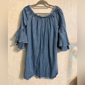 Boston Proper Medium Blue Denim Tiered Bell Sleeves, Ruff Edges, Sheath Dress. S